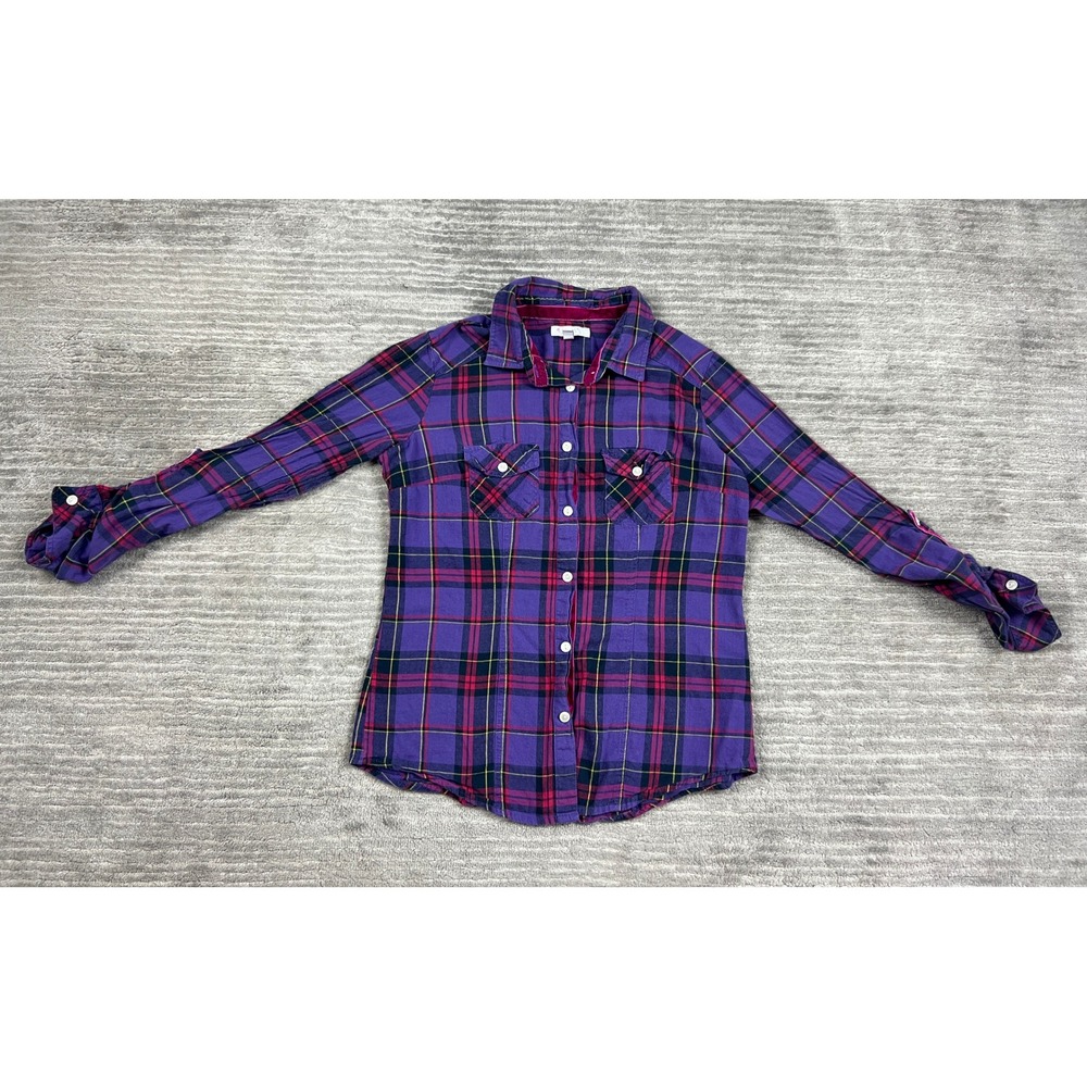 dELiA*s Button Down Shirt Women S Purple Plaid Western Velvet Trim Roll Sleeve